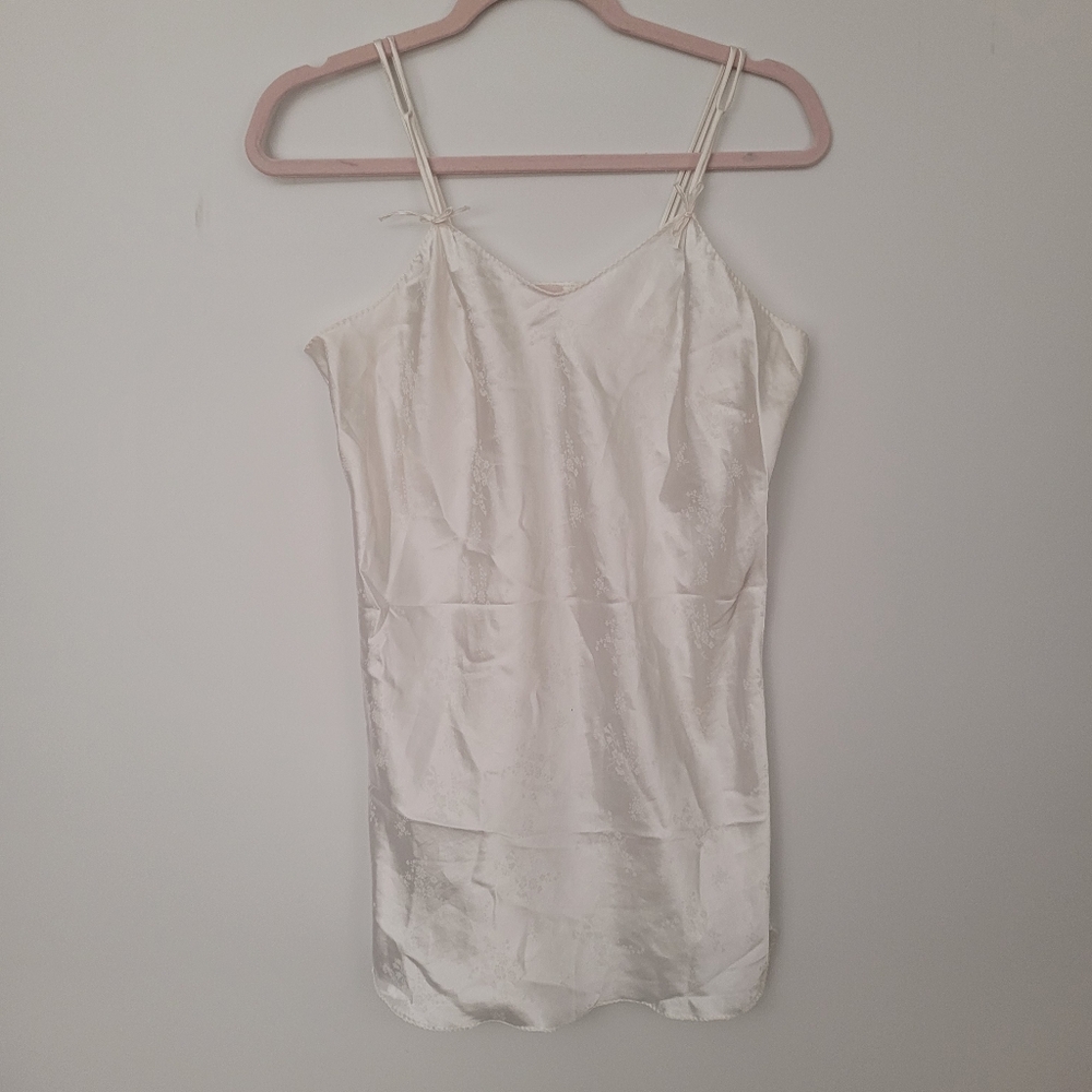 VTG NISE STEVENS Satin Slip Dress Gown White M Floral Feminine Dainty